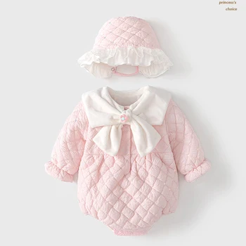 Jauki Princese Stila Jaundzimušais Meitenes Bodysuits+Cepure Ziemas Baby Girl Biezs Silts Apģērbs Outwear Infant Baby Meitenes Jumpsuit