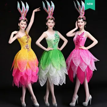 ķīniešu nacionālo deju kleita sievietēm ziedu deju kleitu krāsains deju svētku deju kleitu uz jauno gadu darbības apģērbi